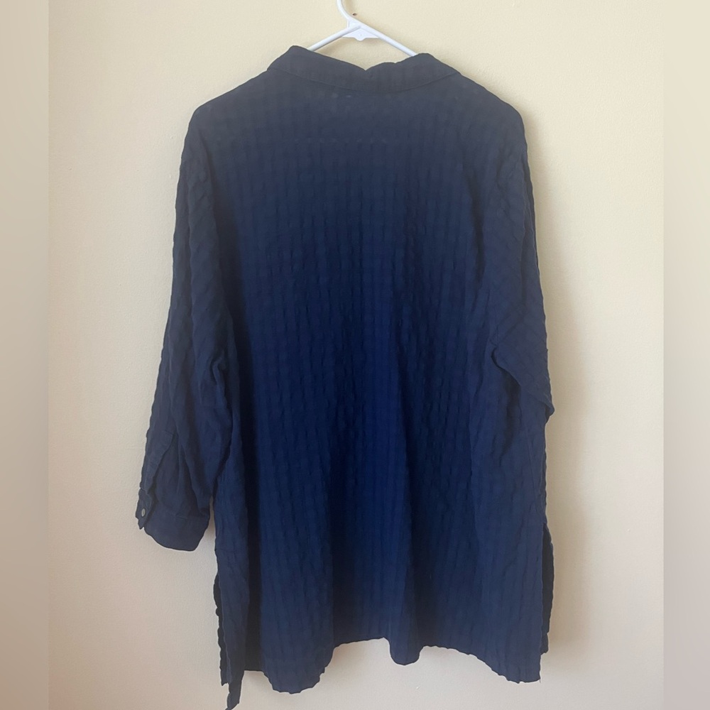 J Jill Button Up Tunic Top Gauze Textured Navy Blue Cotton 3X Roll Tab Sleeves - Picture 4 of 4